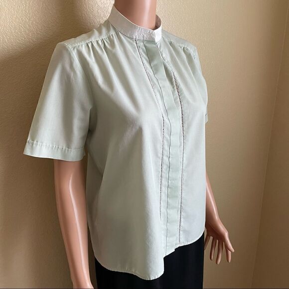 🖤 Vintage High Collar Short Sleeve Button Up Bed Jacket Mint Green Women’s Med - Picture 4 of 10
